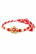 Red and White Floral Rakhi with Gold Petal Charm