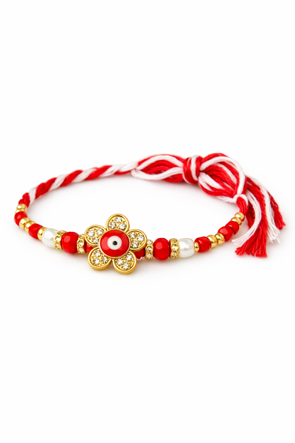 Red and White Floral Rakhi with Gold Petal Charm